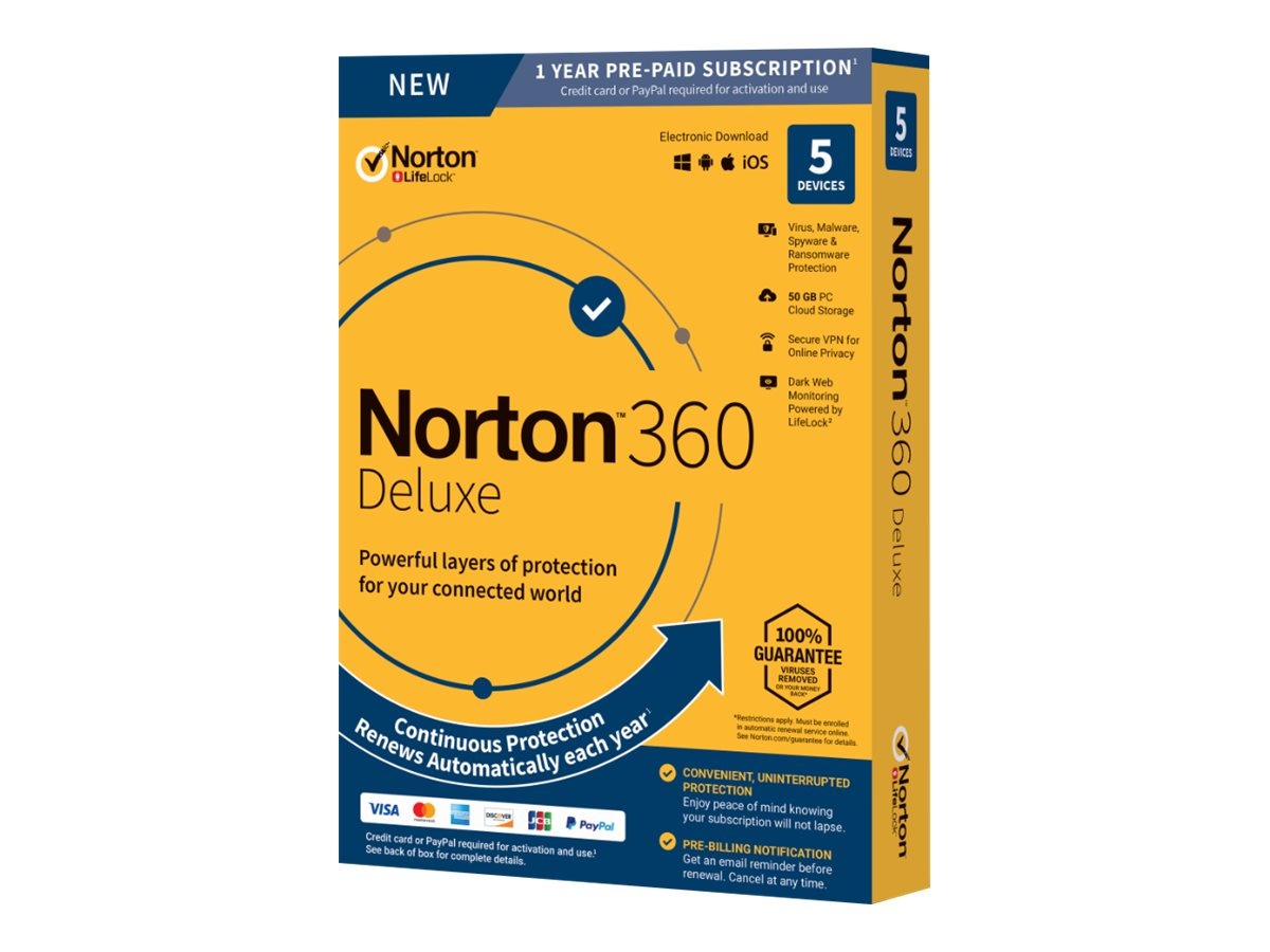 Symantec Norton 360 Deluxe - Box-Pack (1 Jahr) - 5 Peripheriegeräte, 50 GB...