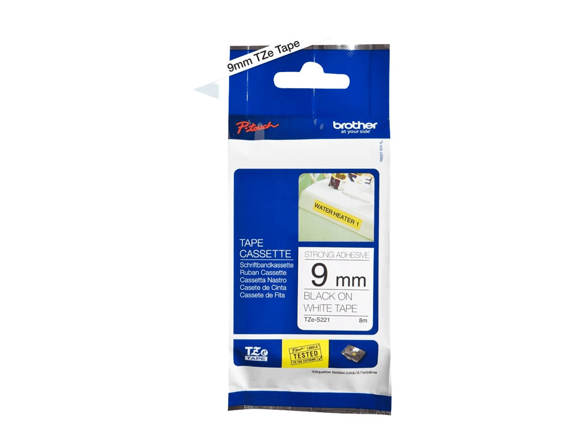 Brother TZe-S221 - Extrem stark haftend - Schwarz auf Weiß - Rolle (0,9 cm x...