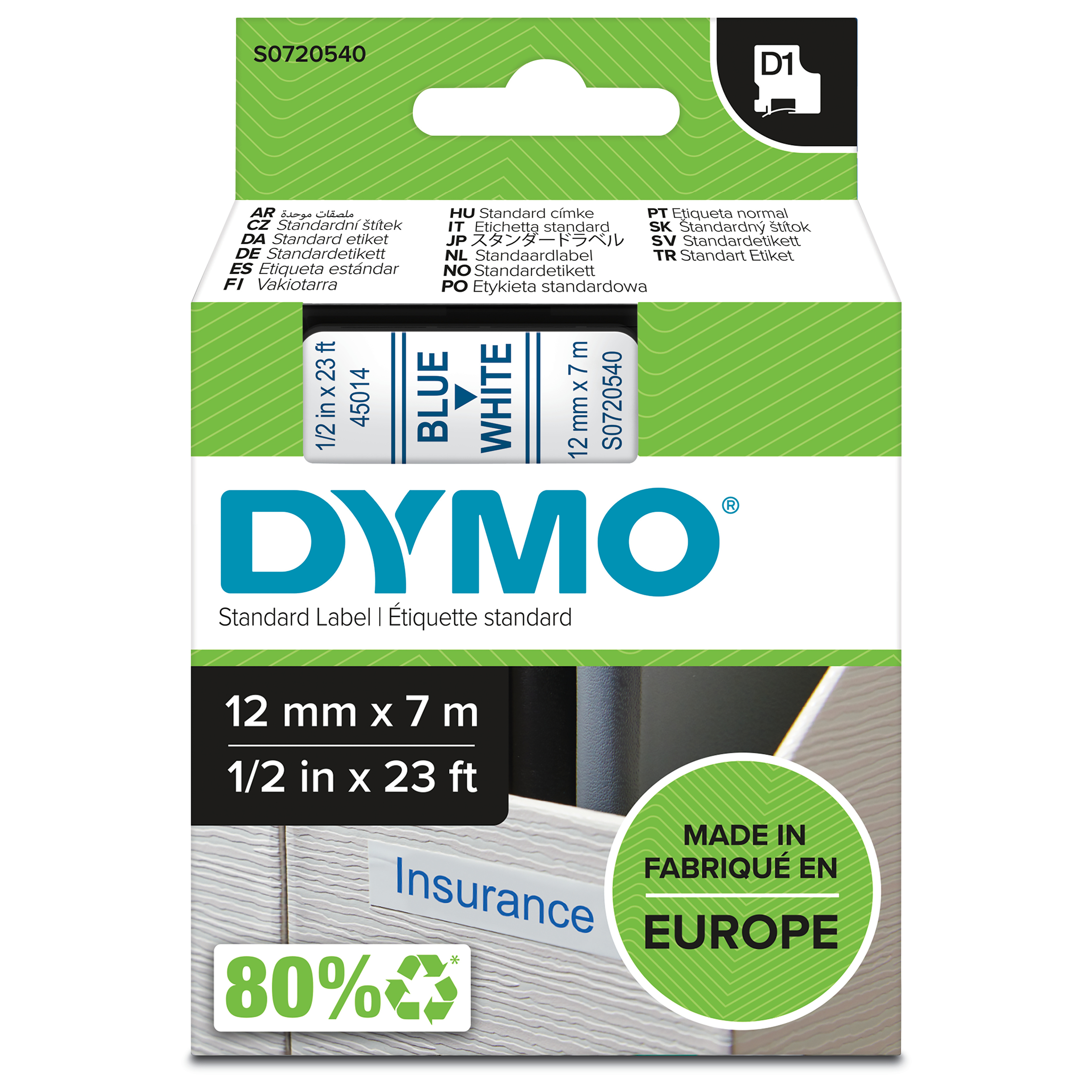 Esselte Leitz DYMO D1-Schriftband S072054012mm x 7m blau auf weiss