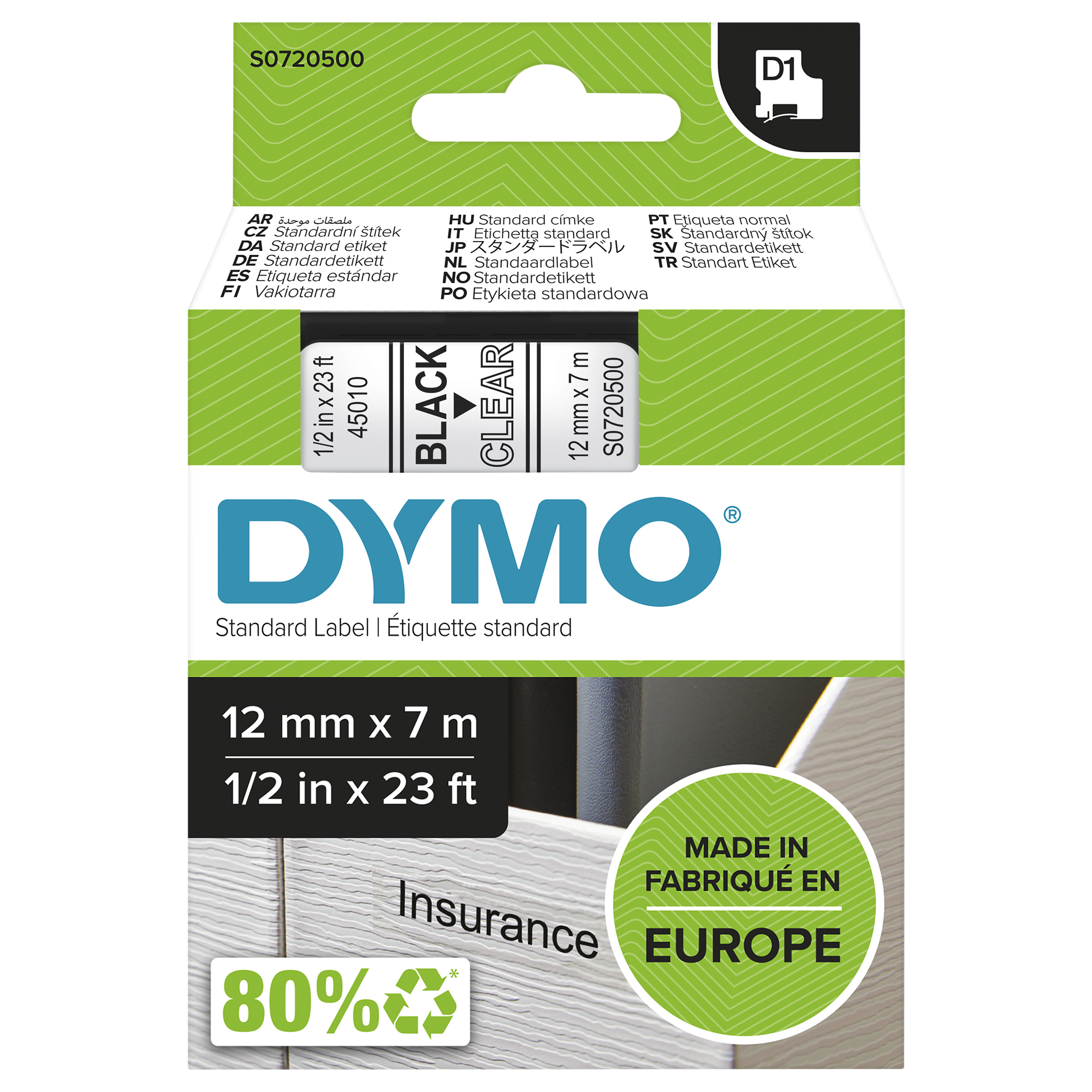 Dymo D1 - Selbstklebend - Schwarz auf Transparent - Rolle (1,2 cm x 7 m)