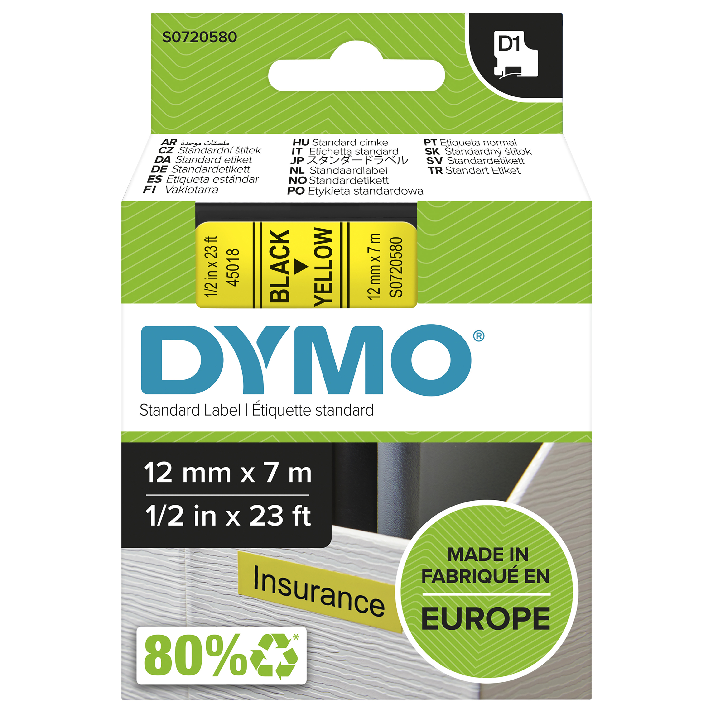 Dymo D1 Standard - Polyester - selbstklebend - Schwarz auf Gelb - Rolle (1,2...