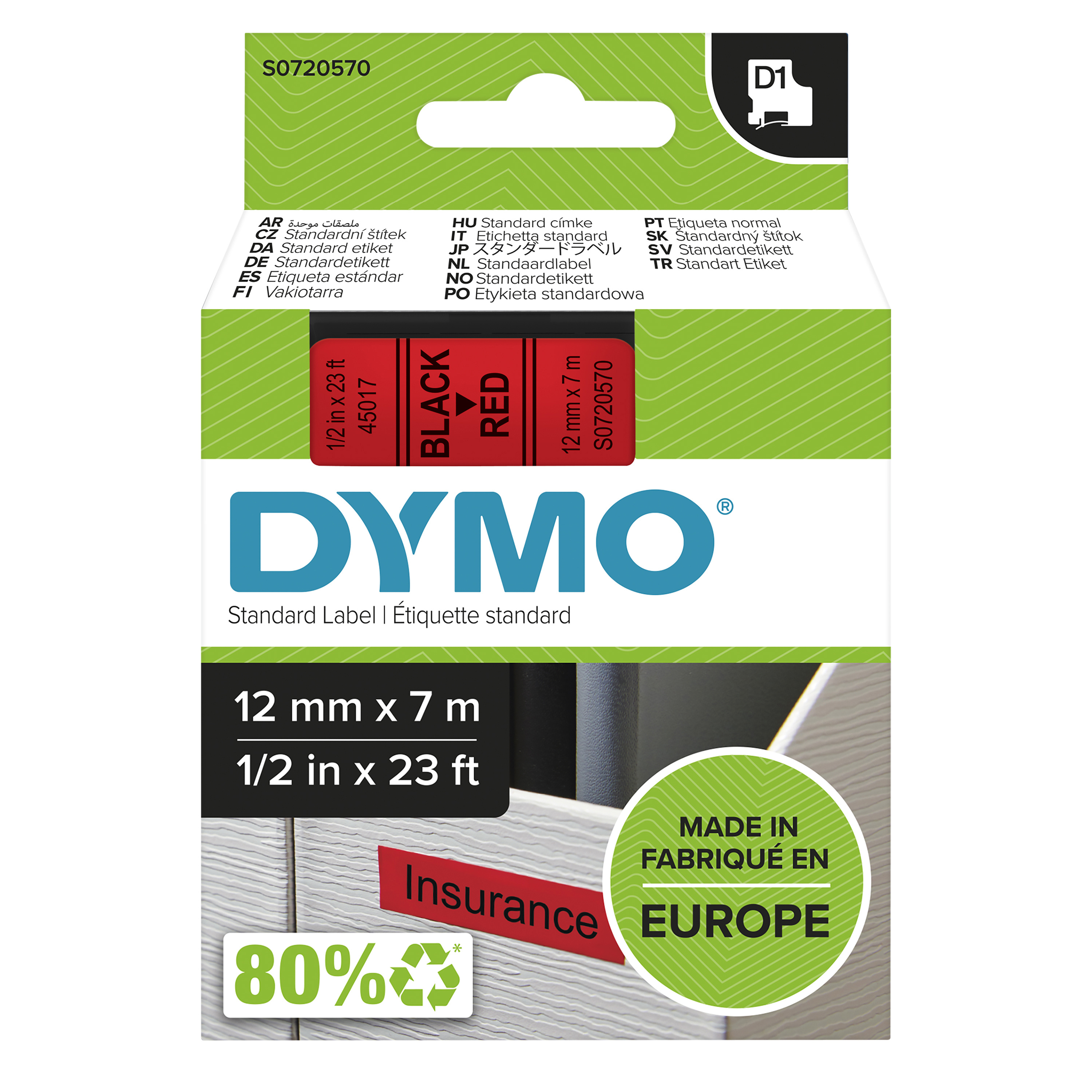 Dymo D1 - Entfernbarer Klebstoff - schwarz auf rot - Rolle (1,2 cm x 7 m)
