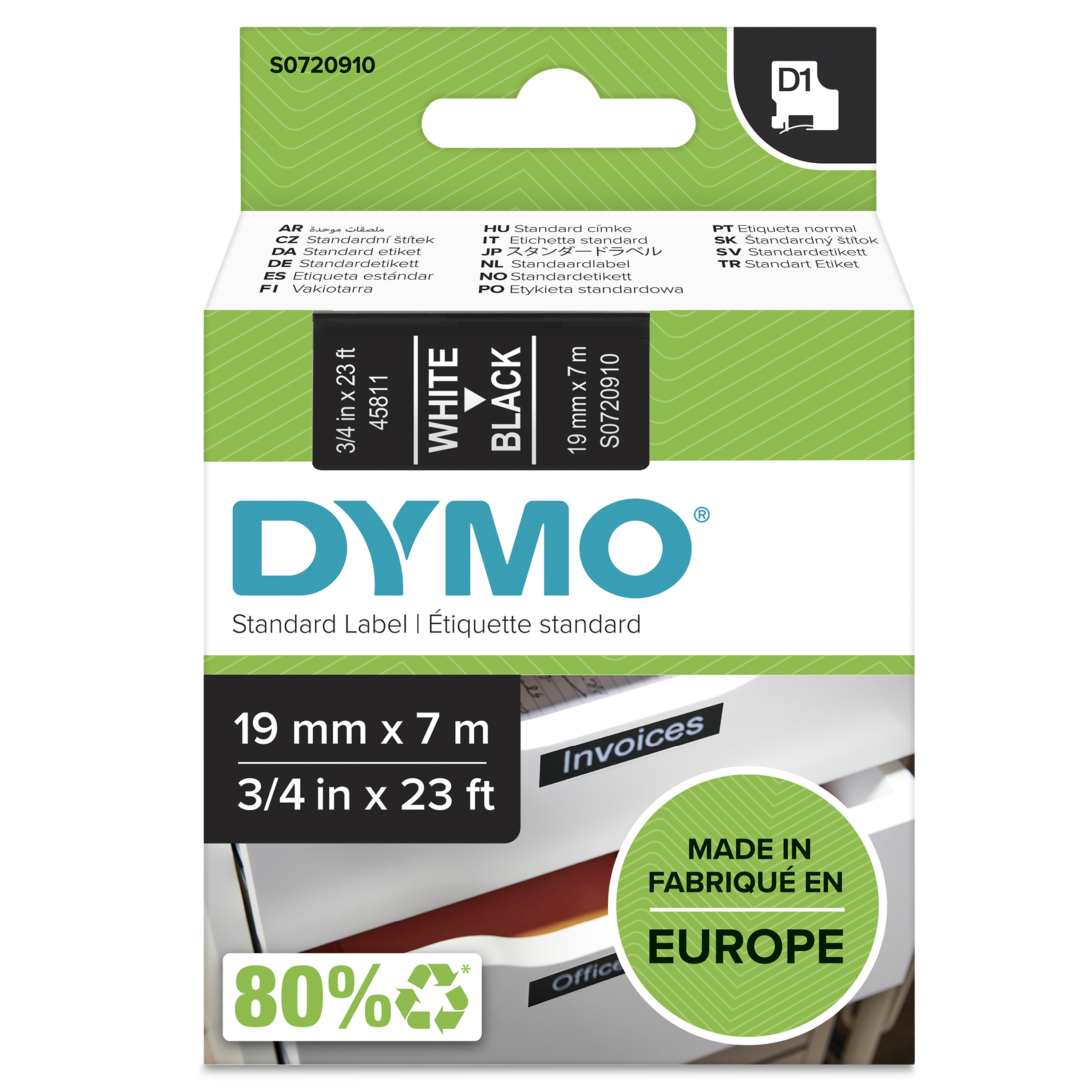 Dymo D1 - Selbstklebend - Weiß auf Schwarz - Rolle (1,9 cm x 7 m)