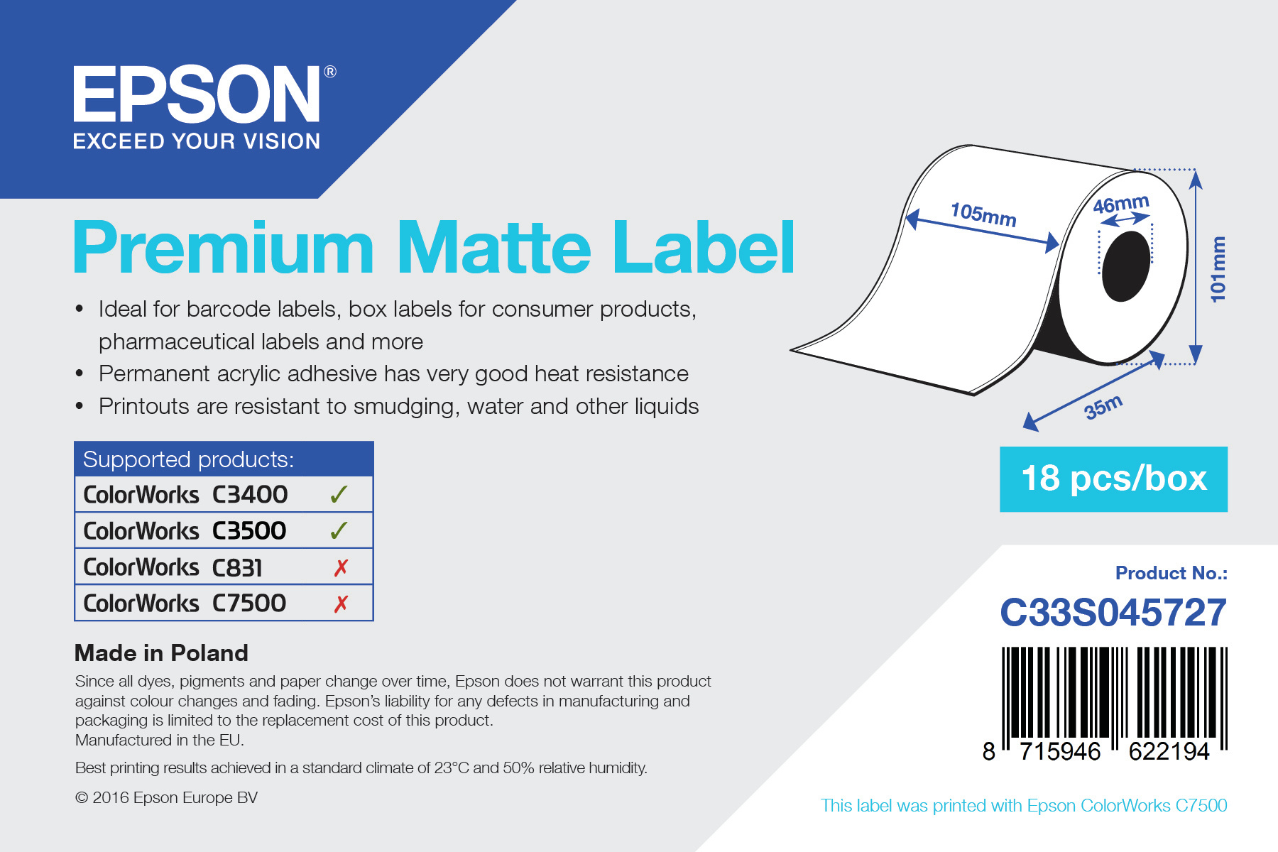 EPSON Prem. Matte Label    105mmx35m Beleg-/Couponrolle (endlos)