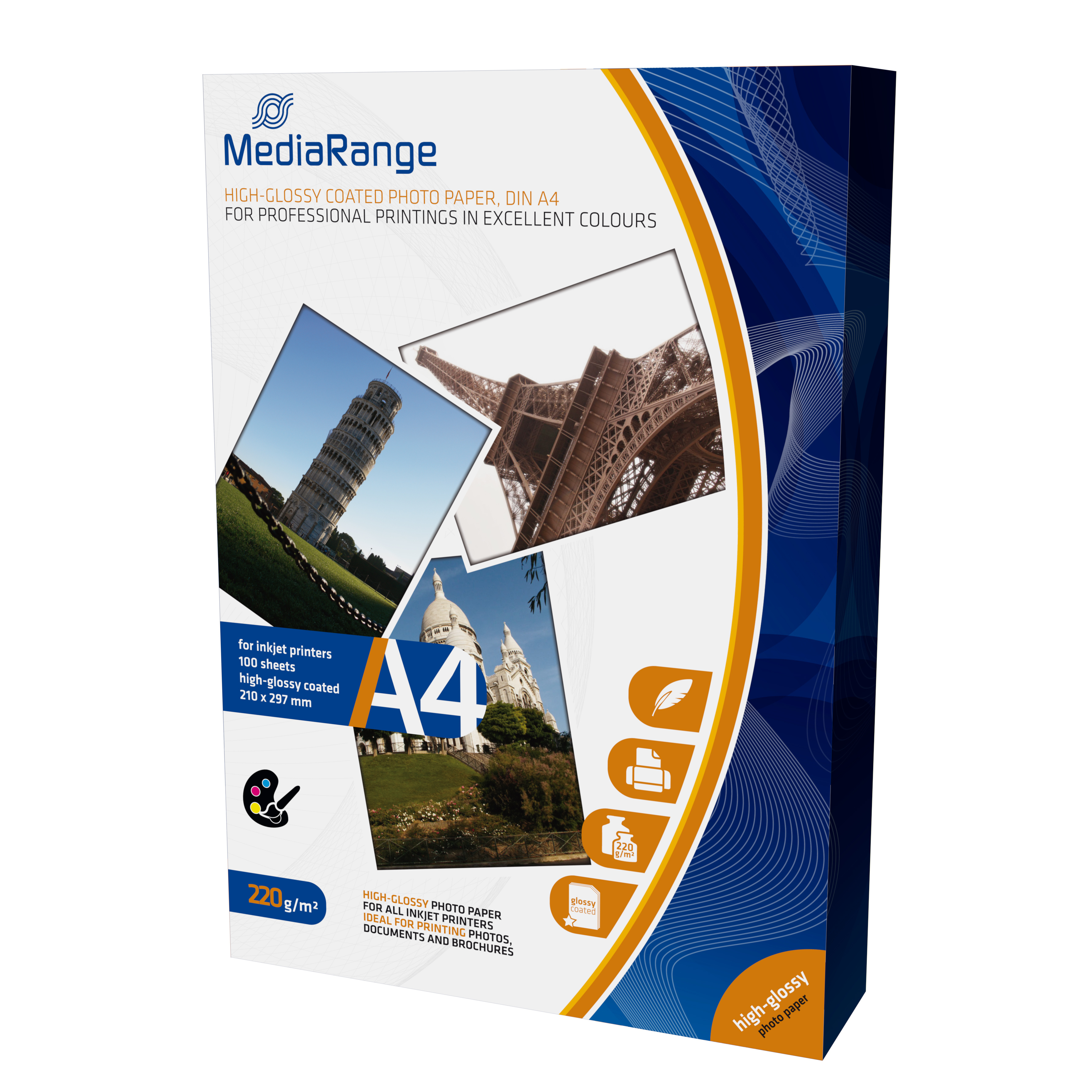MediaRange DIN A4 Fotopapier für Tintenstrahldrucker hochglänzend 220g 1x100...