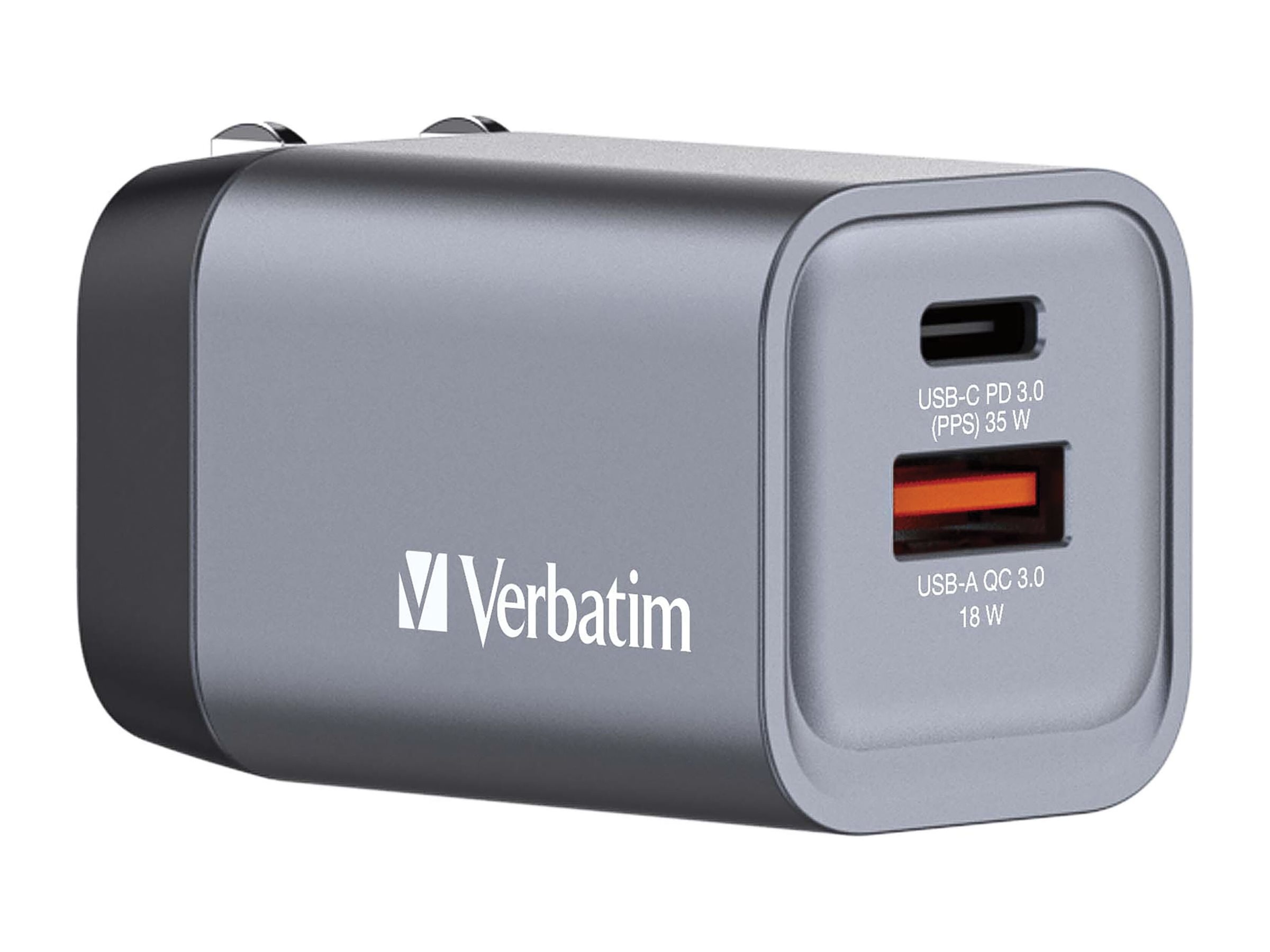 Verbatim 35W GaN-Ladegerät mit 2 Anschlüssen, 1x USB-C (35W), 1x USB-A (18W)
