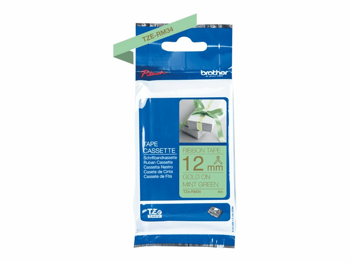 Brother TZe-RM34 - seidig - Gold auf Mintgrün - Rolle (1,2 cm x 4 m)